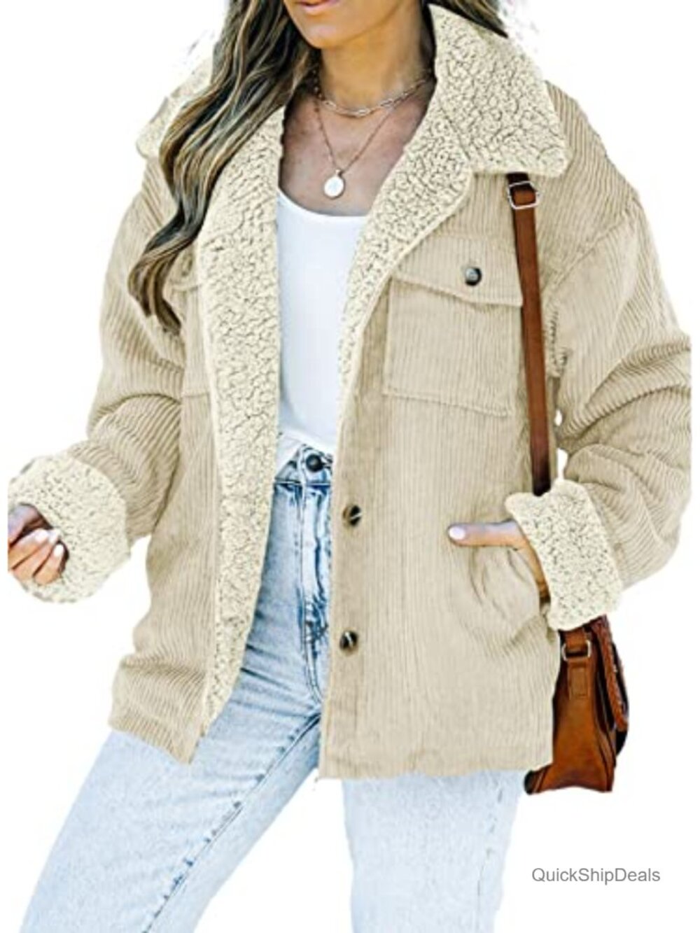 Corduroy Sherpa Lined Jacket Fleece Lined Winter Coat Loose Fit Button Front
